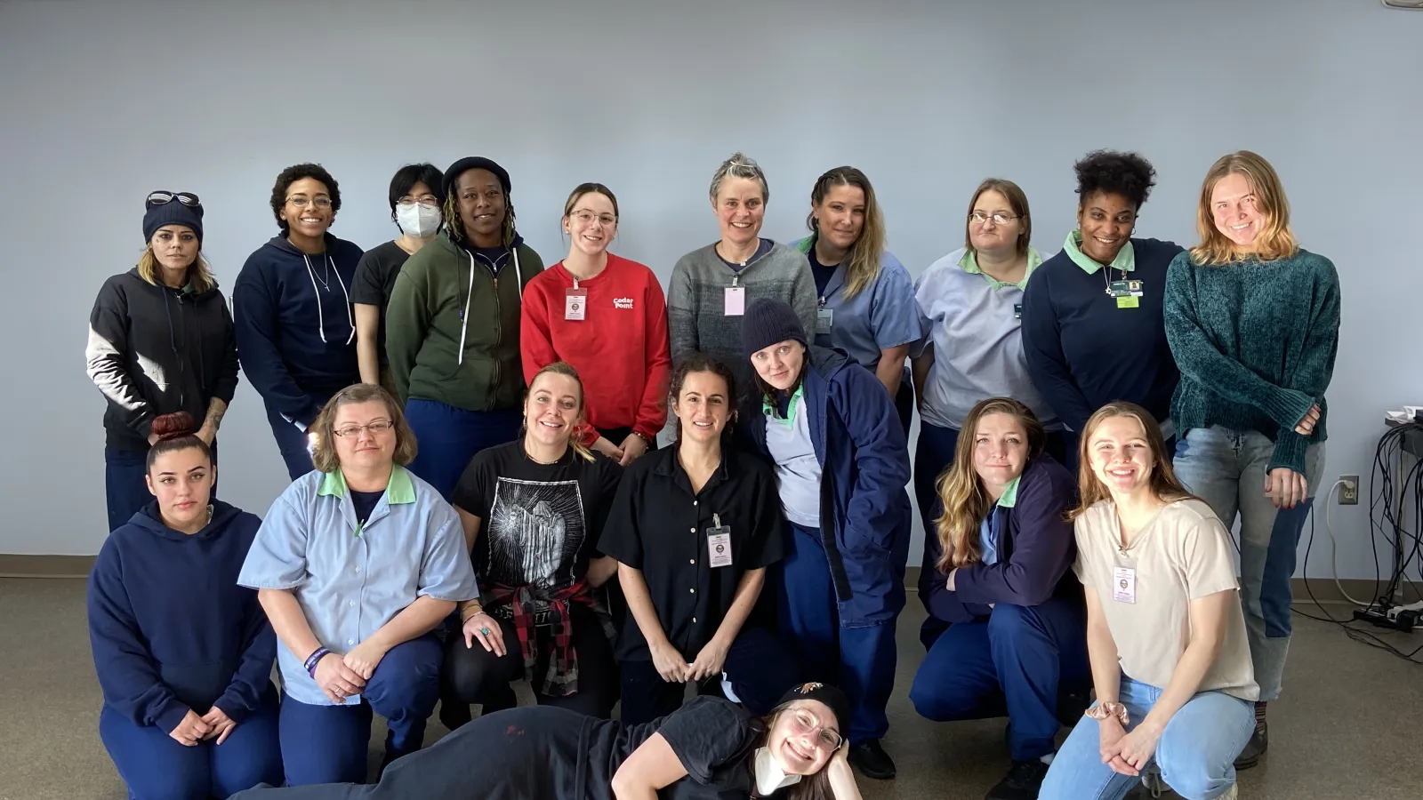 Group photo taken during the final class meeting of ART 5890: Drawing as Feminist Art taught by Professors Danie ReStack and Carmen Winant at the Ohio Reformatory for Women in Autumn 2022. 