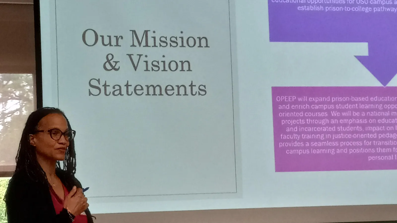 OPEEP Director Tiyi Morris explains the project's mission and vision statements on the first day of OPEEP's May 2023 Instructor Training.